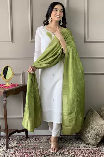 White beautiful partywear chanderi viscosee embroidery work partywear dress
