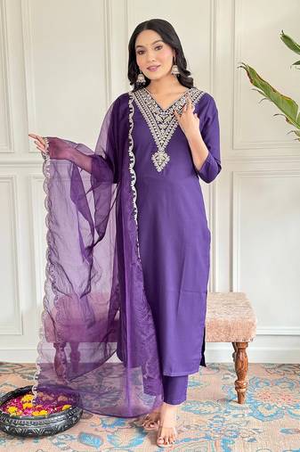 Purple beautiful partywear viscose rayon embroidery work partywear dress