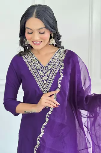 Purple beautiful partywear viscosee rayon embroidery work partywear dress