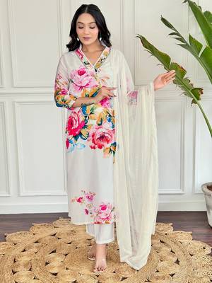 White beautiful partywear french crepe printed with embroidery work partywear dress 1