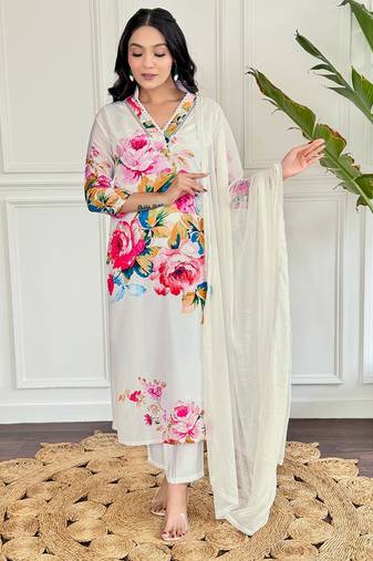 White beautiful partywear french crepe printed with embroidery work partywear dress
