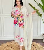 White beautiful partywear french crepe printed with embroidery work partywear dress