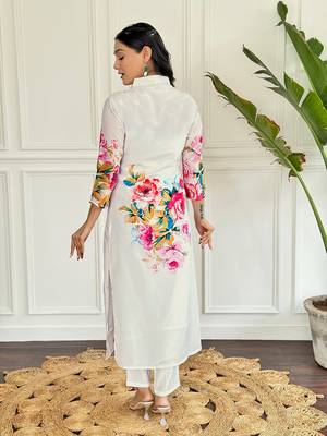 White beautiful partywear french crepe printed with embroidery work partywear dress 2