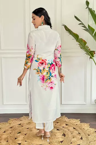 White beautiful partywear french crepe printed with embroidery work partywear dress