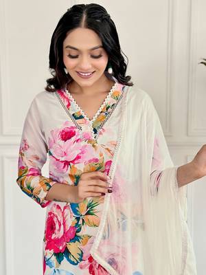 White beautiful partywear french crepe printed with embroidery work partywear dress 3