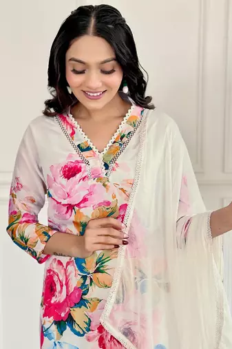 White beautiful partywear french crepe printed with embroidery work partywear dress