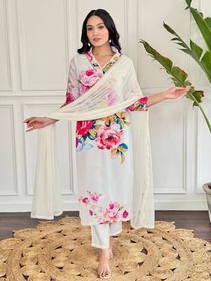 White beautiful partywear french crepe printed with embroidery work partywear dress 4