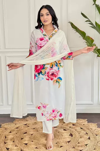 White beautiful partywear french crepe printed with embroidery work partywear dress