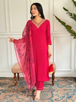 Red beautiful partywear viscosee rayon embroidery work with printed partywear dress 1