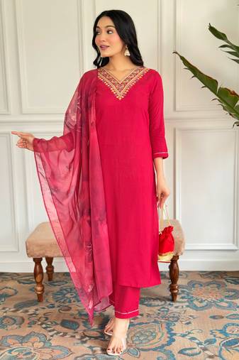 Red beautiful partywear viscose rayon embroidery work with printed partywear dress