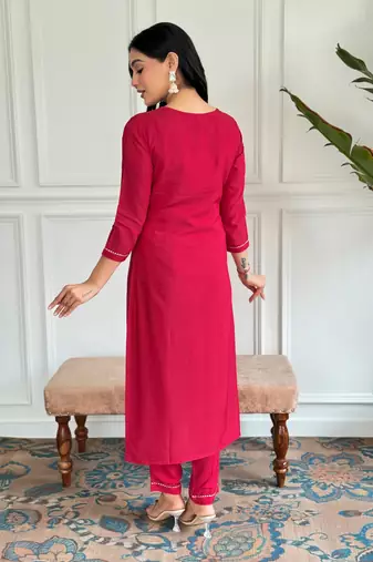 Red beautiful partywear viscosee rayon embroidery work with printed partywear dress