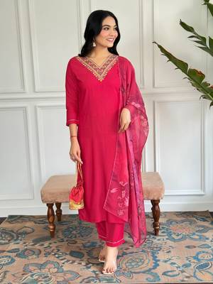 Red beautiful partywear viscosee rayon embroidery work with printed partywear dress 4