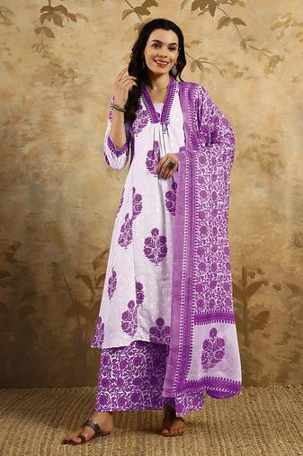Purple beautiful partywear cotton blend designer printed partywear dress
