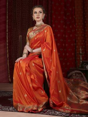 Orange paithani silk blend woven design saree 2