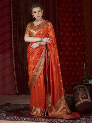 Orange paithani silk blend woven design saree 1