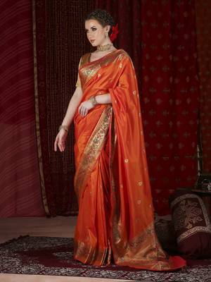 Orange paithani silk blend woven design saree 3