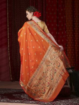 Orange paithani silk blend woven design saree 4