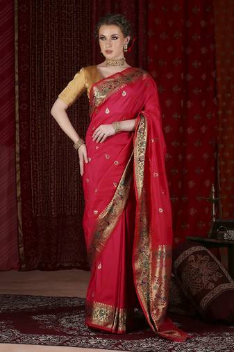 Pink paithani silk blend woven design saree