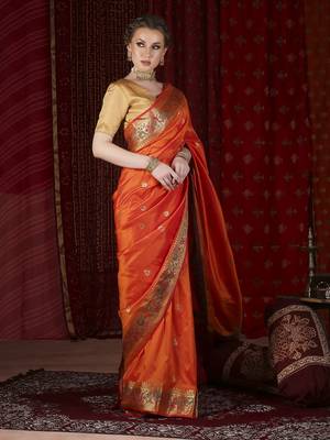 Orange paithani silk blend woven design saree 6