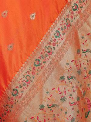 Orange paithani silk blend woven design saree 7