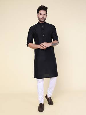 Men's black soft silk kurta 1