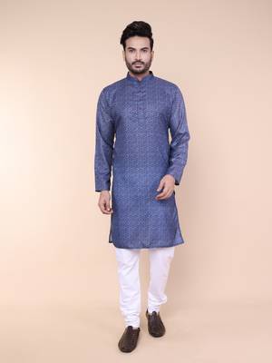 Men's blue cotton silk kurta 1