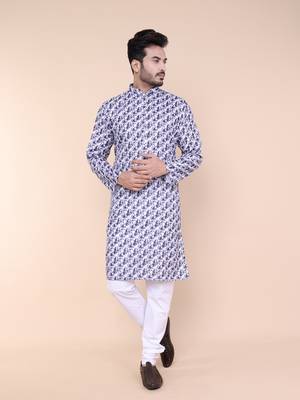 Men's blue and white cotton silk kurta 1