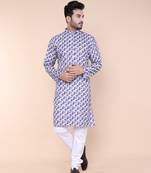 Men's blue and white cotton silk kurta