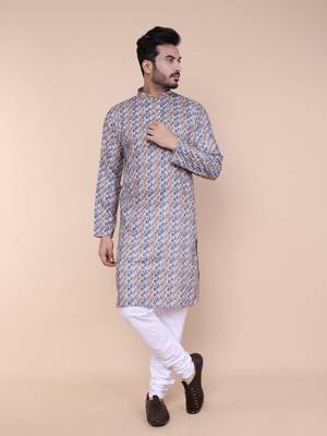Men's blue and orange cotton silk kurta 1