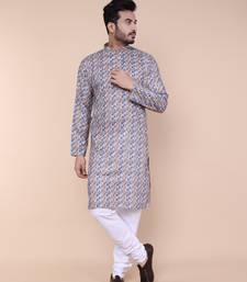 Men's blue and orange cotton silk kurta