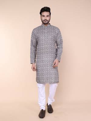Men's grey cotton silk kurta 1