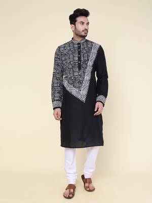 men's black hand painted silk kurta 1