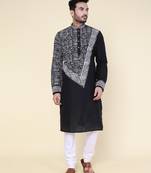 men's black hand painted silk kurta