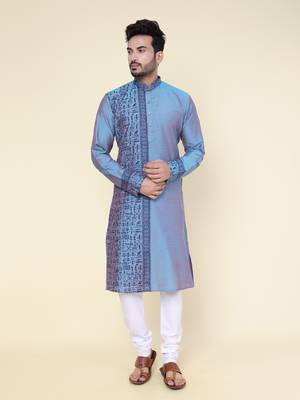 men's hand painted aqua silk kurta 1