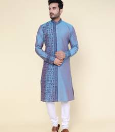 men's hand painted aqua silk kurta