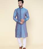 men's hand painted aqua silk kurta