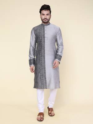 men's grey pure silk hand painted kurta 1