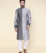 men's grey pure silk hand painted kurta