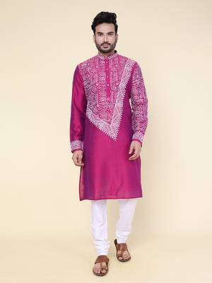 men's dark purple hand painted silk kurta 1