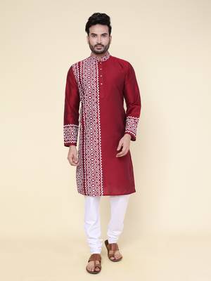 men's maroon hand painted silk kurta 1