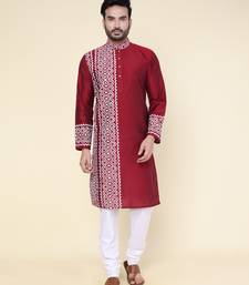 men's maroon hand painted silk kurta