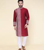 men's maroon hand painted silk kurta