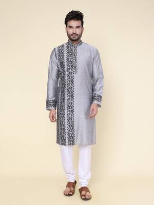 Men's grey silk kurta 1