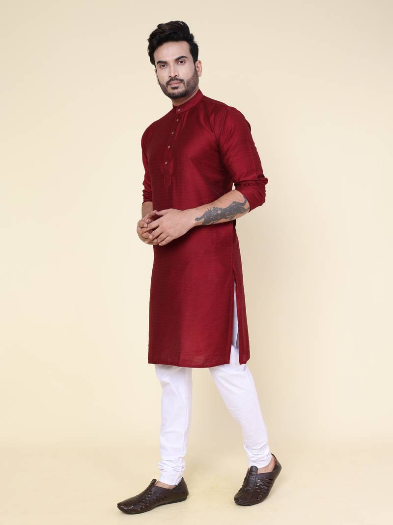 Men's maroon soft silk kurta