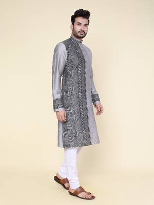 men's grey pure silk hand painted kurta 2