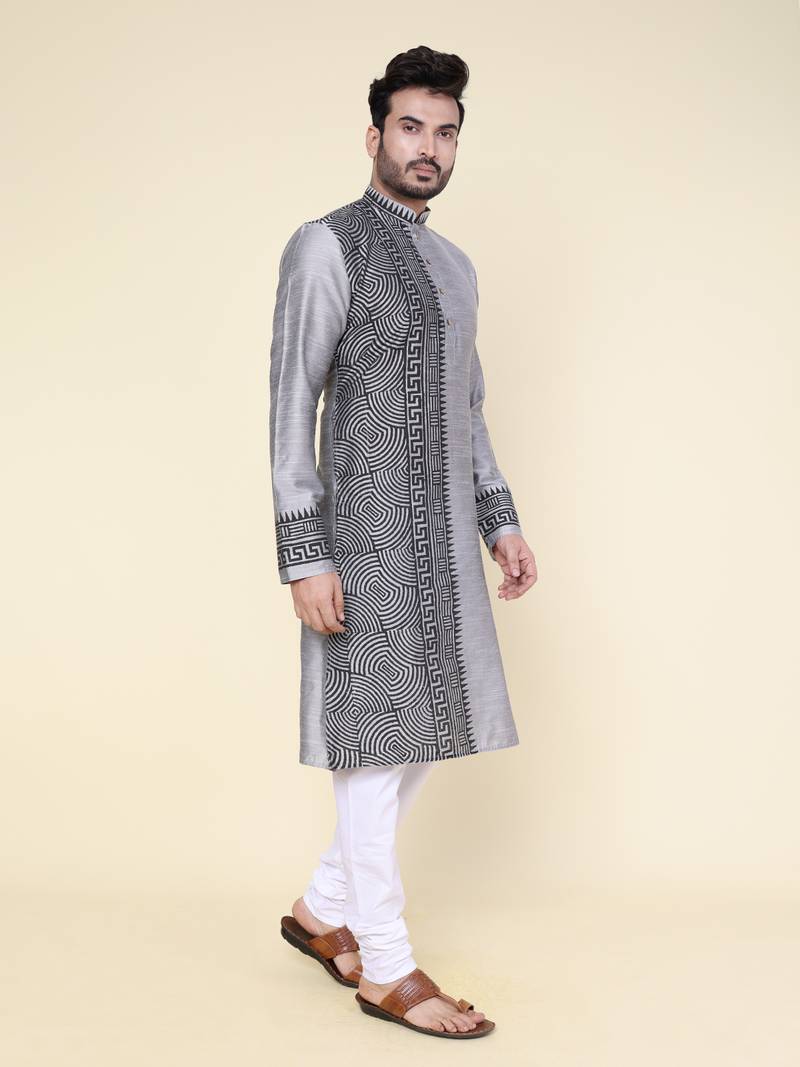 men's grey pure silk hand painted kurta