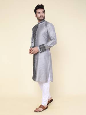 men's grey pure silk hand painted kurta 3