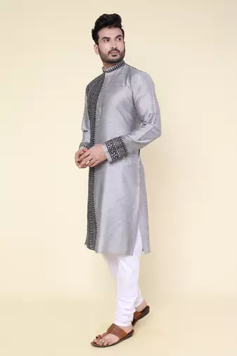 men's grey pure silk hand painted kurta