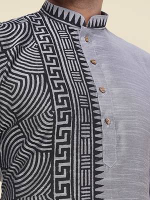 men's grey pure silk hand painted kurta 4
