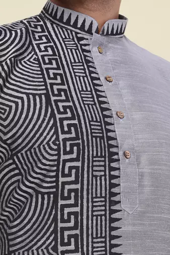 men's grey pure silk hand painted kurta